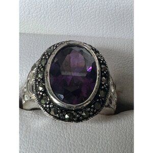 Vintage Sterling Silver Faux Amethyst Ring With Marcasite Accents 8.63g